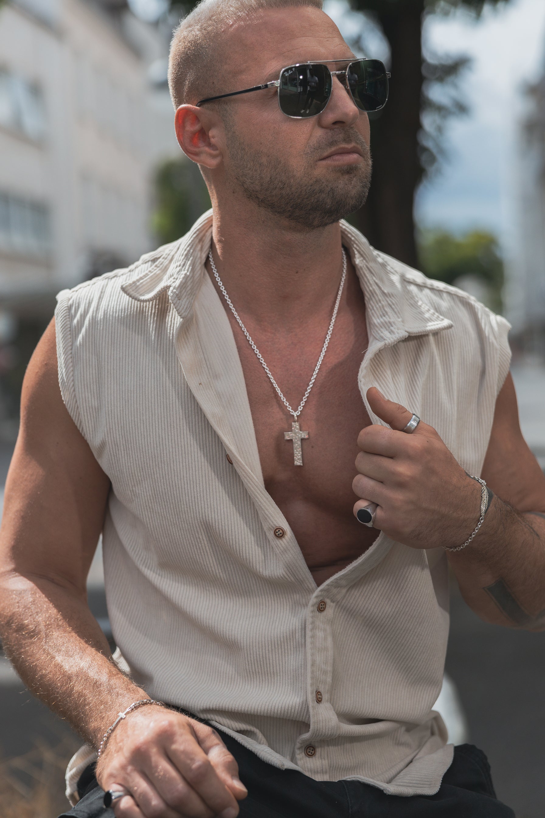 Kreuz Anhänger Gehämmert 925 Sterling Silber - Neun - Siebzig