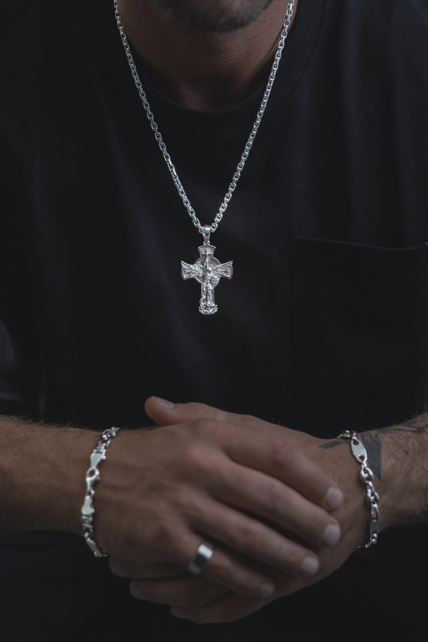 Kreuz Saint Michel Angel Anhänger 925 Sterling Silber - Neun - Siebzig