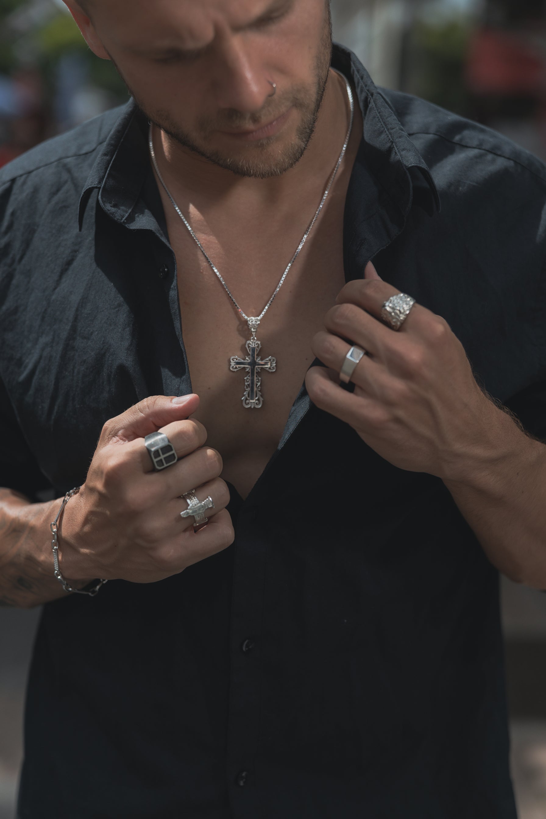 Siegel Ring Kreuz Eckig 925 Sterling Silber - Neun - Siebzig